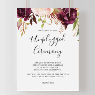 Rustic Boho Floral Unplugged Ceremony Sign Poster