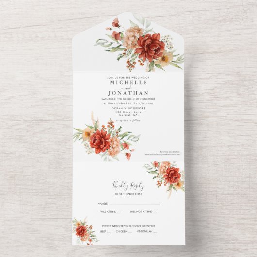 Rustic Boho Floral Wedding All In One Uitnodiging (Binnen)