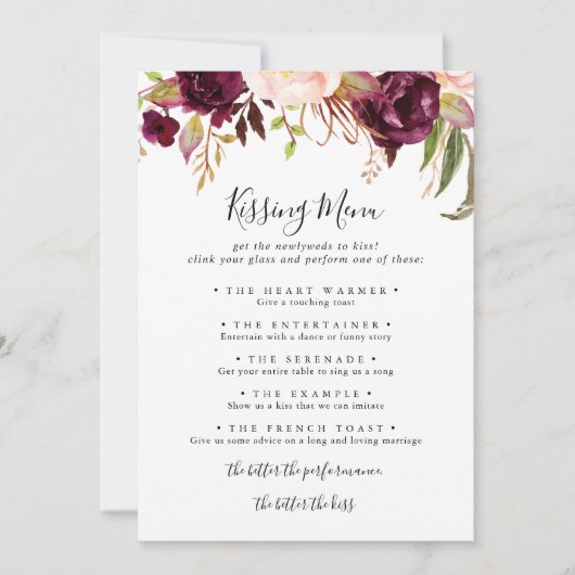 Rustic Boho Floral Wedding Kissing Menu Game Kaart (Voorkant)