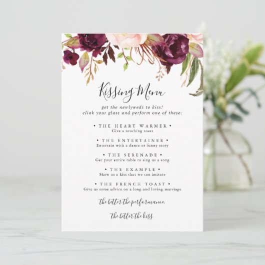 Rustic Boho Floral Wedding Kissing Menu Game Kaart (Staand voorkant)