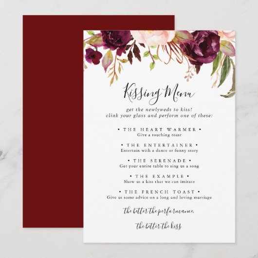 Rustic Boho Floral Wedding Kissing Menu Game Kaart (Voorkant / Achterkant)