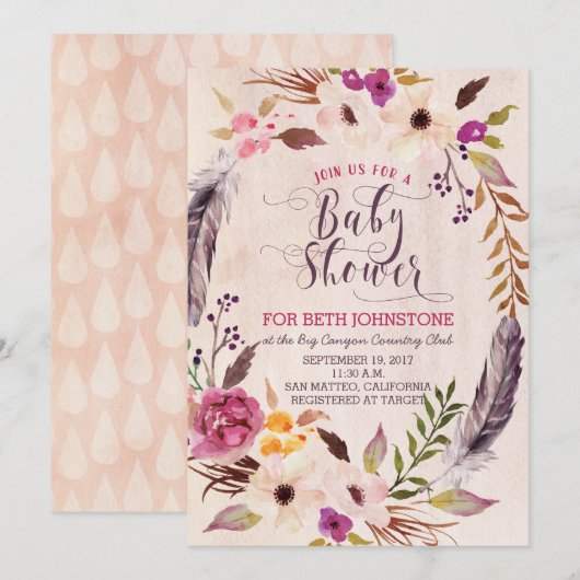 Rustic Boho Floral Wreath Baby Shower Invitations Kaart (Voorkant / Achterkant)