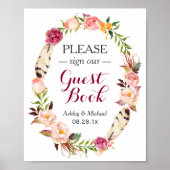 Rustic Boho Floral Wreath Guestbook Wedding Sign Poster (Voorkant)