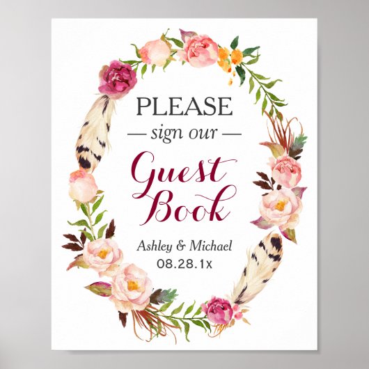 Rustic Boho Floral Wreath Guestbook Wedding Sign Poster (Voorkant)