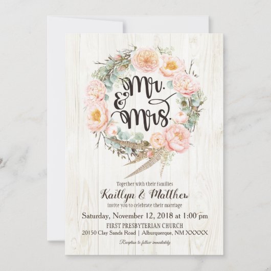 Rustic Boho Floral Wreath Wedding Invitation Kaart (Voorkant)
