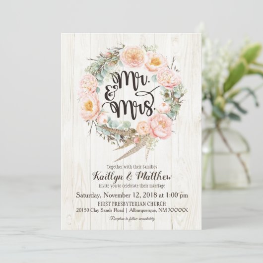 Rustic Boho Floral Wreath Wedding Invitation Kaart (Staand voorkant)