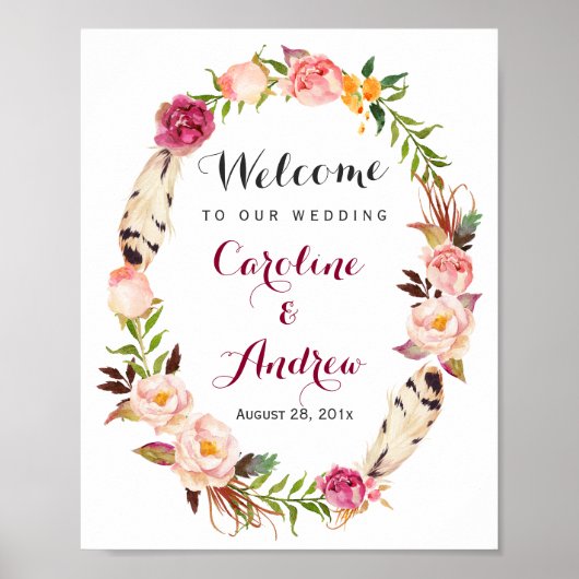 Rustic Boho Floral Wreath Welcome Wedding Sign Poster (Voorkant)