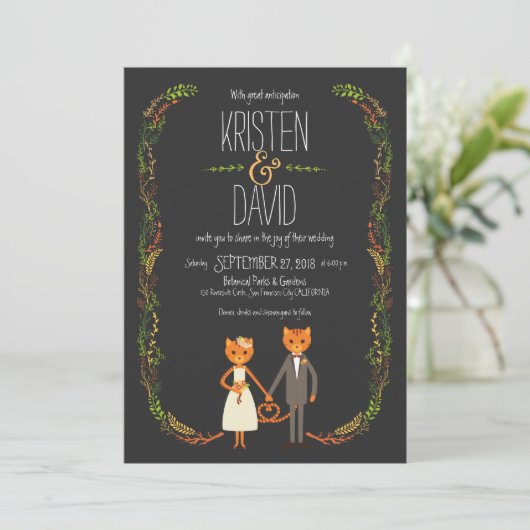 Rustic Boho Forest Cats Wedding Invitation Kaart (Staand voorkant)