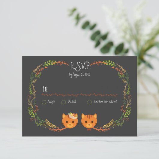 Rustic Boho Forest Cats Wedding Invitation RSVP Kaartje (Staand voorkant)