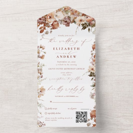 Rustic Boho Garden Flowers QR Code Weddenschap All In One Uitnodiging (Binnen)