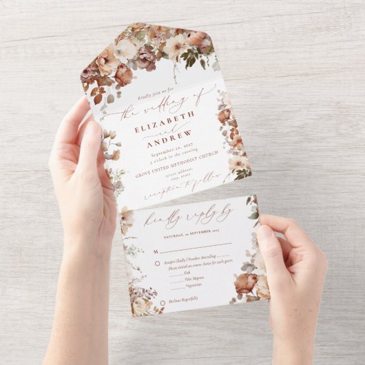 Rustic Boho Garden Flowers Wedding All In One Uitnodiging (Afscheurbaar)