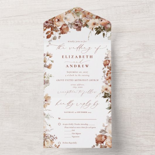 Rustic Boho Garden Flowers Wedding All In One Uitnodiging (Binnen)