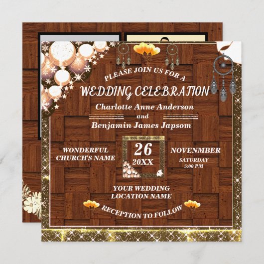 Rustic Boho Golden Glitter Dream Catcher Wedding Kaart (Voorkant / Achterkant)