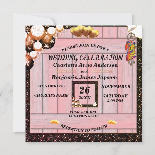 Rustic Boho Golden Glitter Pink Wooden Weddenschap Kaart (Voorkant)