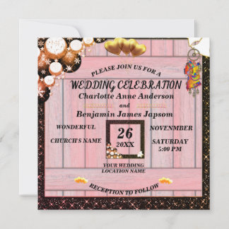 Rustic Boho Golden Glitter Pink Wooden Weddenschap Kaart
