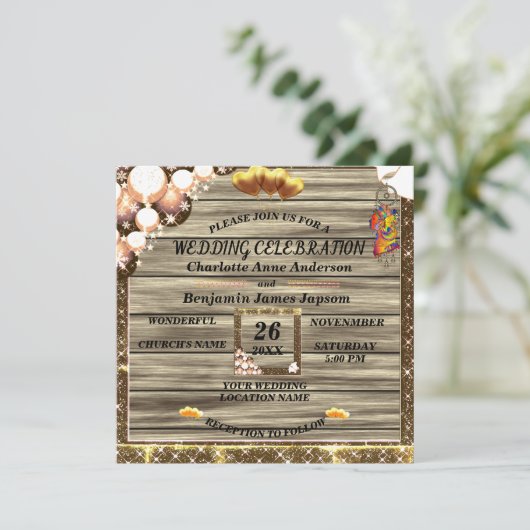 Rustic Boho Golden Glitter Wooden Wedding Kaart (Staand voorkant)