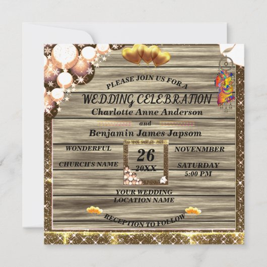 Rustic Boho Golden Glitter Wooden Wedding Kaart (Voorkant)