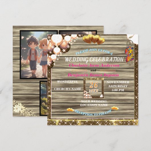 Rustic Boho Golden Glitter Wooden Wedding Kaart (Voorkant / Achterkant)