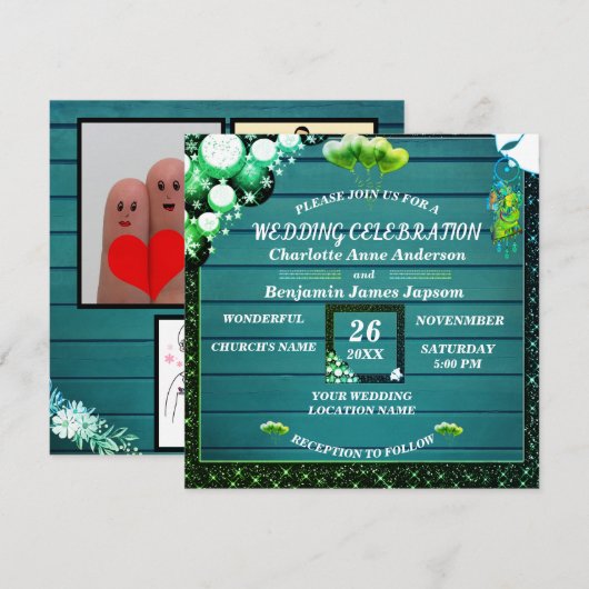 Rustic Boho Green Glitter Wooden Wedding Kaart (Voorkant / Achterkant)