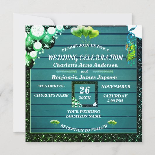 Rustic Boho Green Glitter Wooden Wedding Kaart (Voorkant)