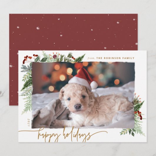 Rustic Boho Greenery Gold Dry Brush Effect Foto H Feestdagenkaart (Voorkant / Achterkant)