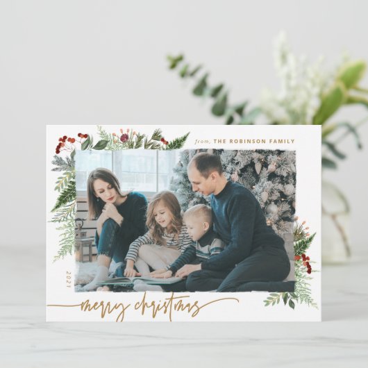 Rustic Boho Greenery Gold Dry Brush Effect Photo Feestdagenkaart (Staand voorkant)