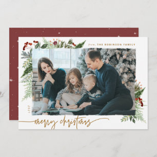 Rustic Boho Greenery Gold Dry Brush Effect Photo Feestdagenkaart