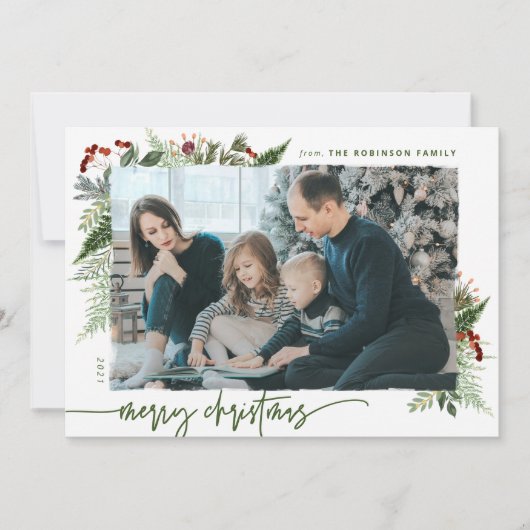 Rustic Boho Greenery Merry Kerstmis 1 Foto Feestdagenkaart (Voorkant)