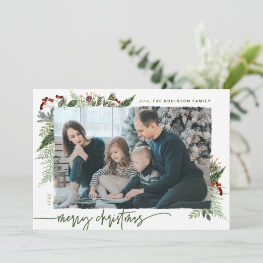 Rustic Boho Greenery Merry Kerstmis 1 Foto Feestdagenkaart (Staand voorkant)