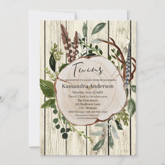 Rustic Boho Greenery Twins Baby shower Kaart (Voorkant)
