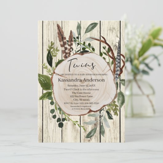 Rustic Boho Greenery Twins Baby shower Kaart (Staand voorkant)