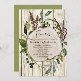 Rustic Boho Greenery Twins Baby shower Kaart