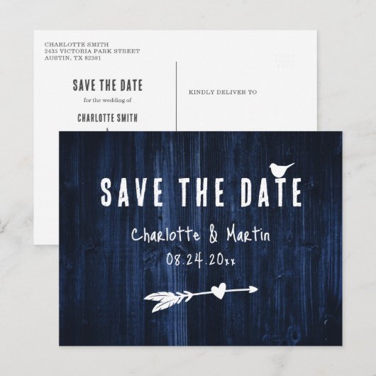 Rustic Boho Heart Navy Blue Wedding Save the Date Briefkaart (Voorkant / Achterkant)