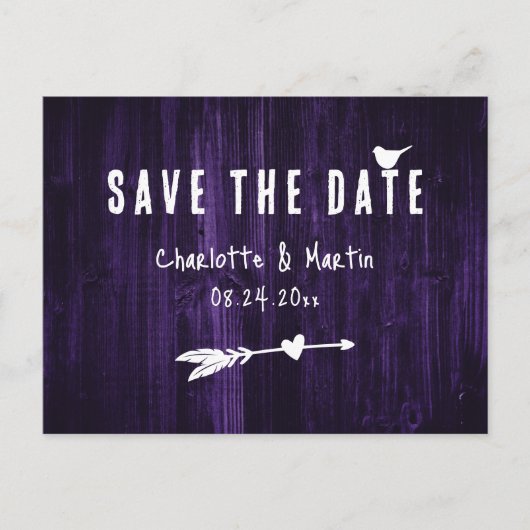 Rustic Boho Heart Paars Wedding Save the Date Briefkaart (Voorkant)