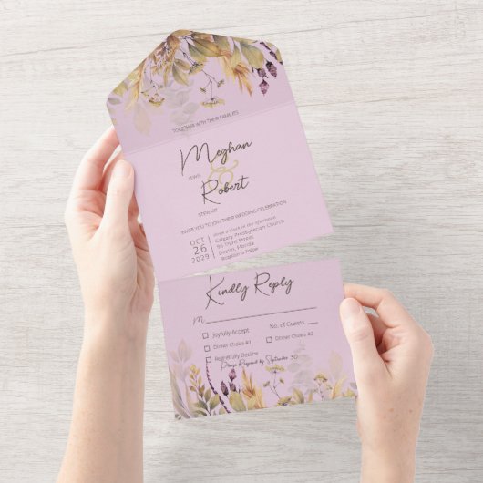 Rustic Boho Herfst Wildbloemen Paars Dinner All In One Uitnodiging (Afscheurbaar)