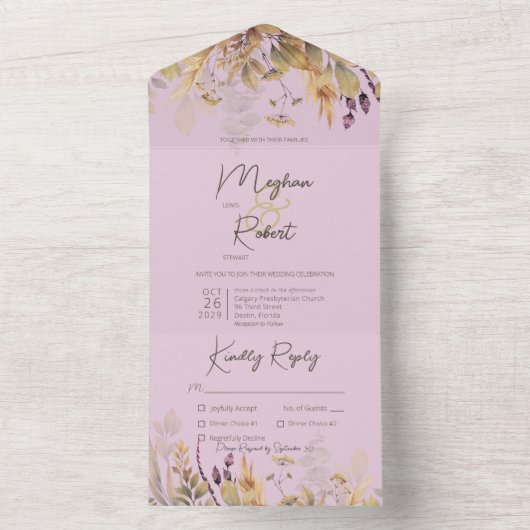 Rustic Boho Herfst Wildbloemen Paars Dinner All In One Uitnodiging (Binnen)
