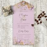 Rustic Boho Herfst Wildbloemen Paars Dinner All In One Uitnodiging<br><div class="desc">OOK BESCHIKBAAR MET EEN QR-CODE OM IN HET RSVP-GEBIED TE SCAN. Dit ontwerp biedt zachte herfstgrassen en bladeren aan de boven- en onderkant in bruin, paars en grijs op een lavendere achtergrond. De gepersonaliseerde alle-in-één uitnodigingen zijn een unieke combinatie van zowel een prachtig gedrukte douaneverzoeken met een gemakkelijk om geperforeerd...</div>