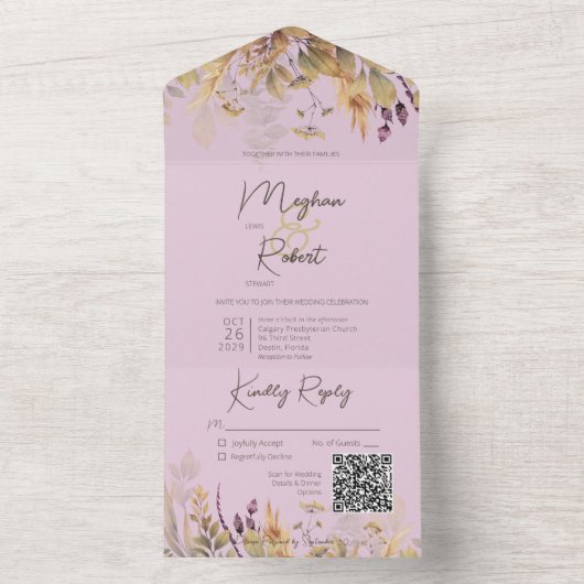 Rustic Boho Herfst Wildbloemen Paarse QR-code All In One Uitnodiging (Binnen)