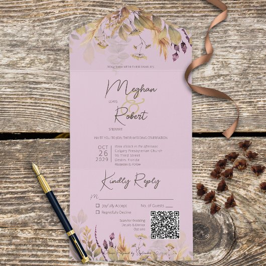 Rustic Boho Herfst Wildbloemen Paarse QR-code All In One Uitnodiging