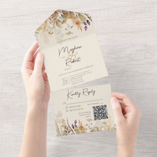 Rustic Boho Herfst Wildbloemen QR-code All In One Uitnodiging (Afscheurbaar)