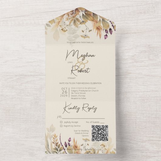 Rustic Boho Herfst Wildbloemen QR-code All In One Uitnodiging (Binnen)