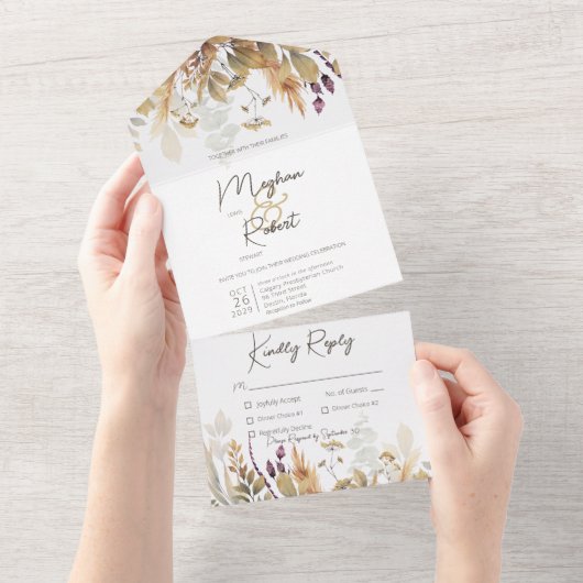 Rustic Boho Herfst Wildbloemen White Dinner All In One Uitnodiging (Afscheurbaar)