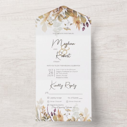 Rustic Boho Herfst Wildbloemen White Dinner All In One Uitnodiging (Binnen)