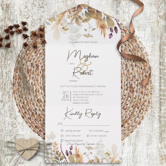 Rustic Boho Herfst Wildbloemen White Dinner All In One Uitnodiging