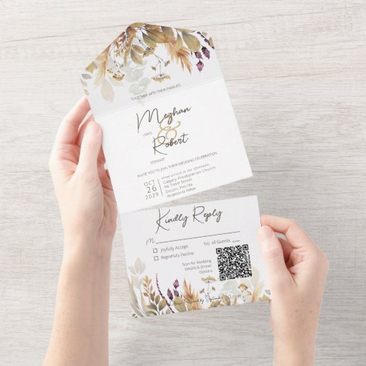 Rustic Boho Herfst Wildbloemen Wit QR-code All In One Uitnodiging (Afscheurbaar)
