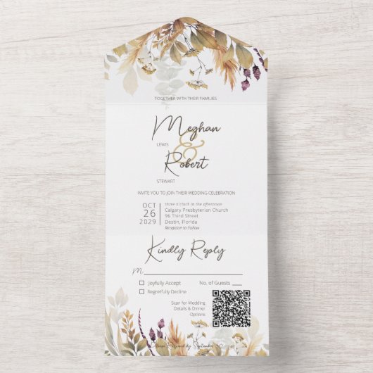 Rustic Boho Herfst Wildbloemen Wit QR-code All In One Uitnodiging (Binnen)