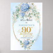 Rustic Boho Hydrangeas Gold 90th Birthday Welcome Poster (Voorkant)