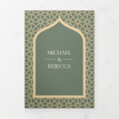 Rustic Boho Indian Lattice Arch Sage Green Wedding Drieluik Uitnodiging (Cover)