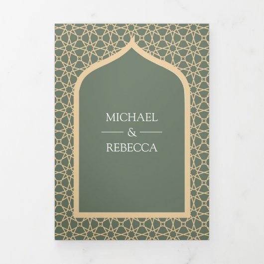 Rustic Boho Indian Lattice Arch Sage Green Wedding Drieluik Uitnodiging (Cover)