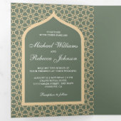 Rustic Boho Indian Lattice Arch Sage Green Wedding Drieluik Uitnodiging (Binnenzijde eerst)